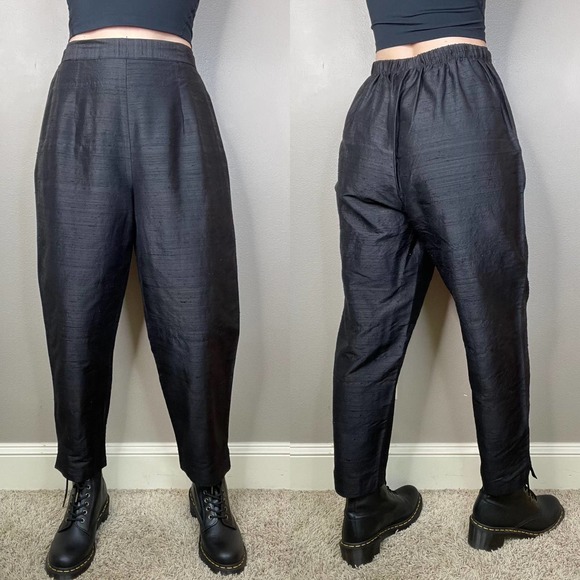Vintage 100% raw silk pull-on easy pants balloon leg tapered trousers black M - Picture 15 of 17